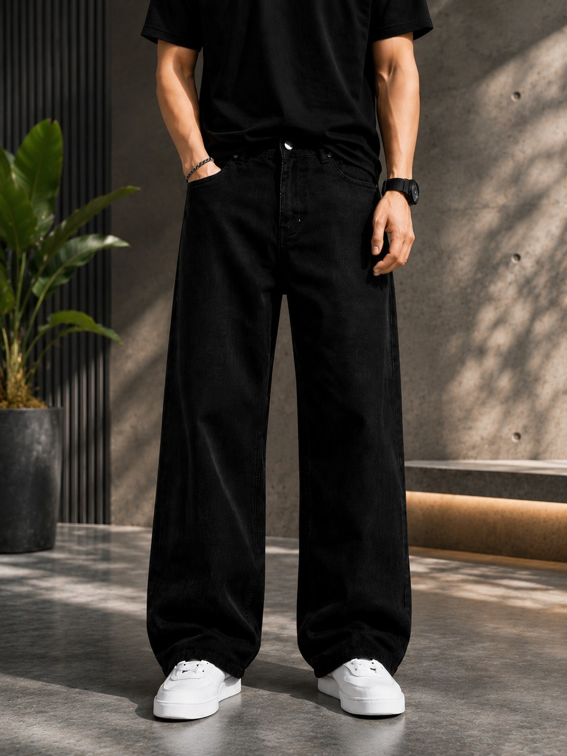 Image of OMP DENIM Men Loose Fit Mid Rise Black Jeans