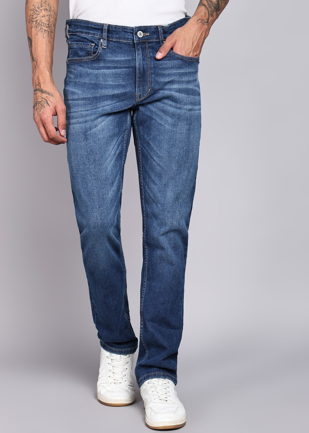 Image of FLYING MACHINE Men Slim Mid Rise Blue Jeans