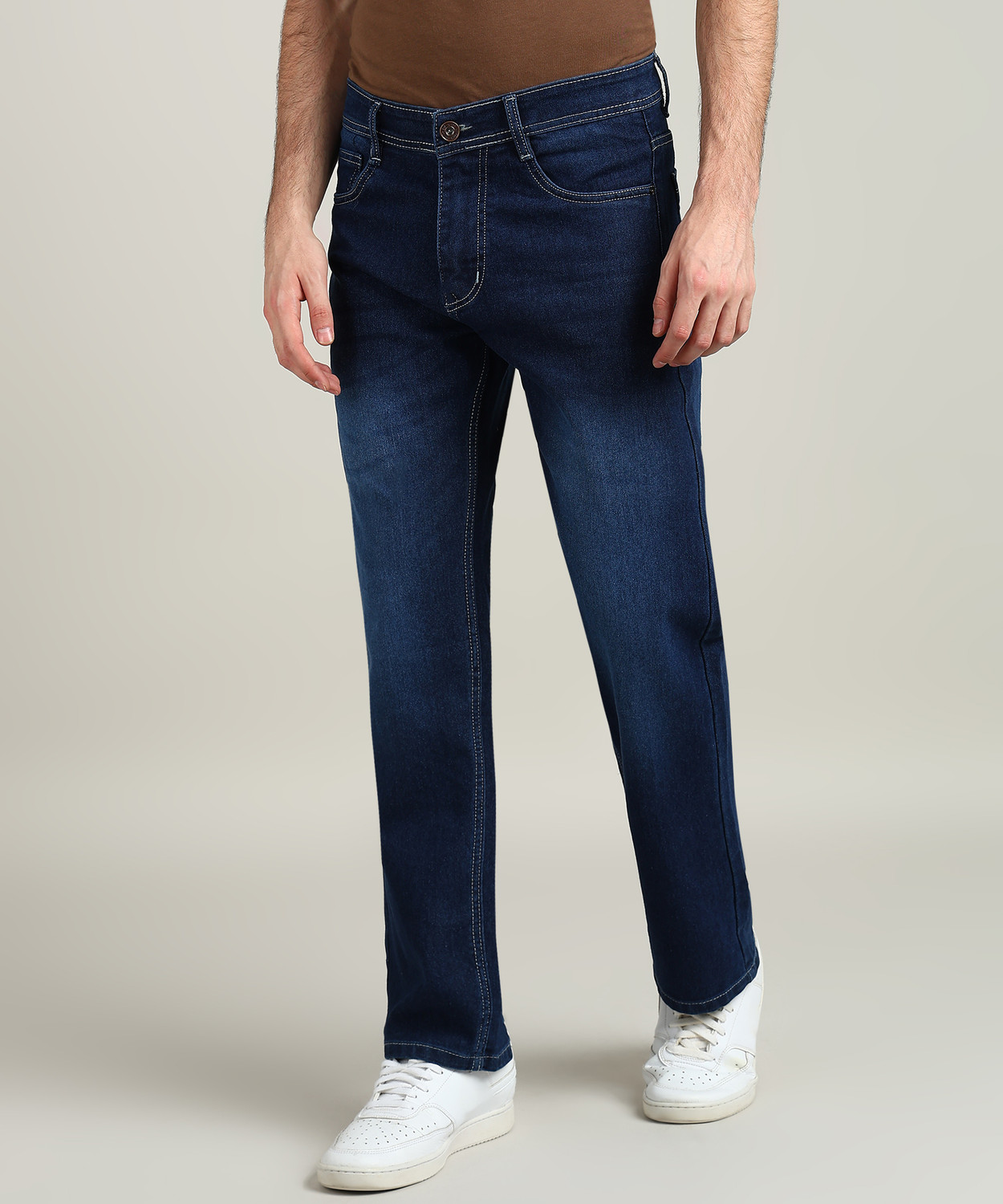 Image of M Q Denim Men Straight Fit Mid Rise Dark Blue Jeans