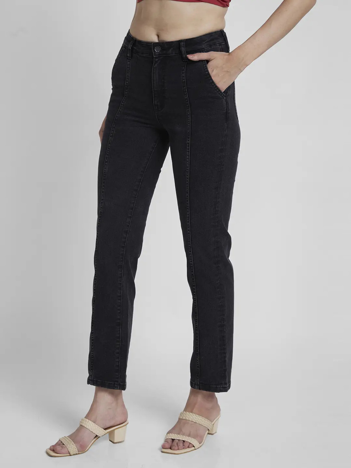 Image of Spykar Women Straight Fit Mid Rise Black Jeans