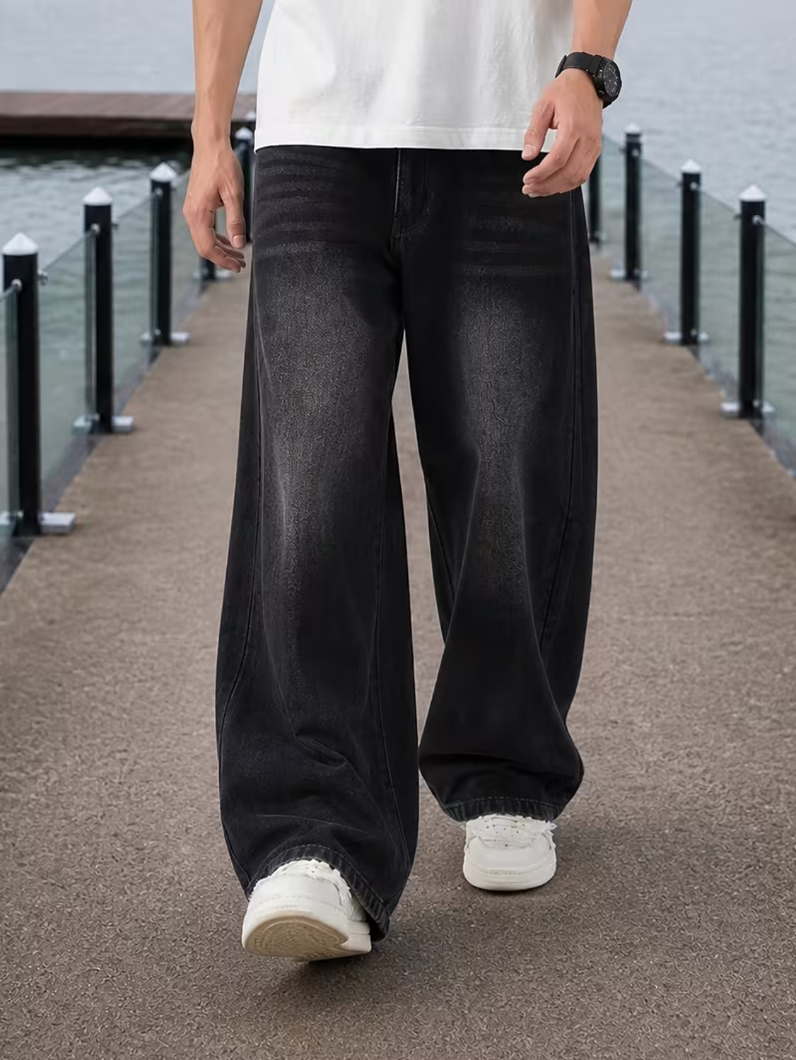 Lazzy studio Men Wide Leg High Rise Black Jeans - Image 1