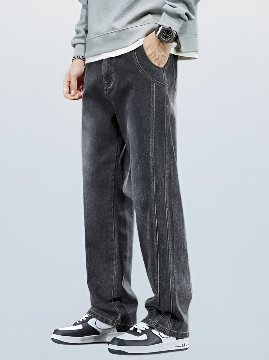 Image of FUDE PRIDE Men Baggy Fit Mid Rise Grey Jeans