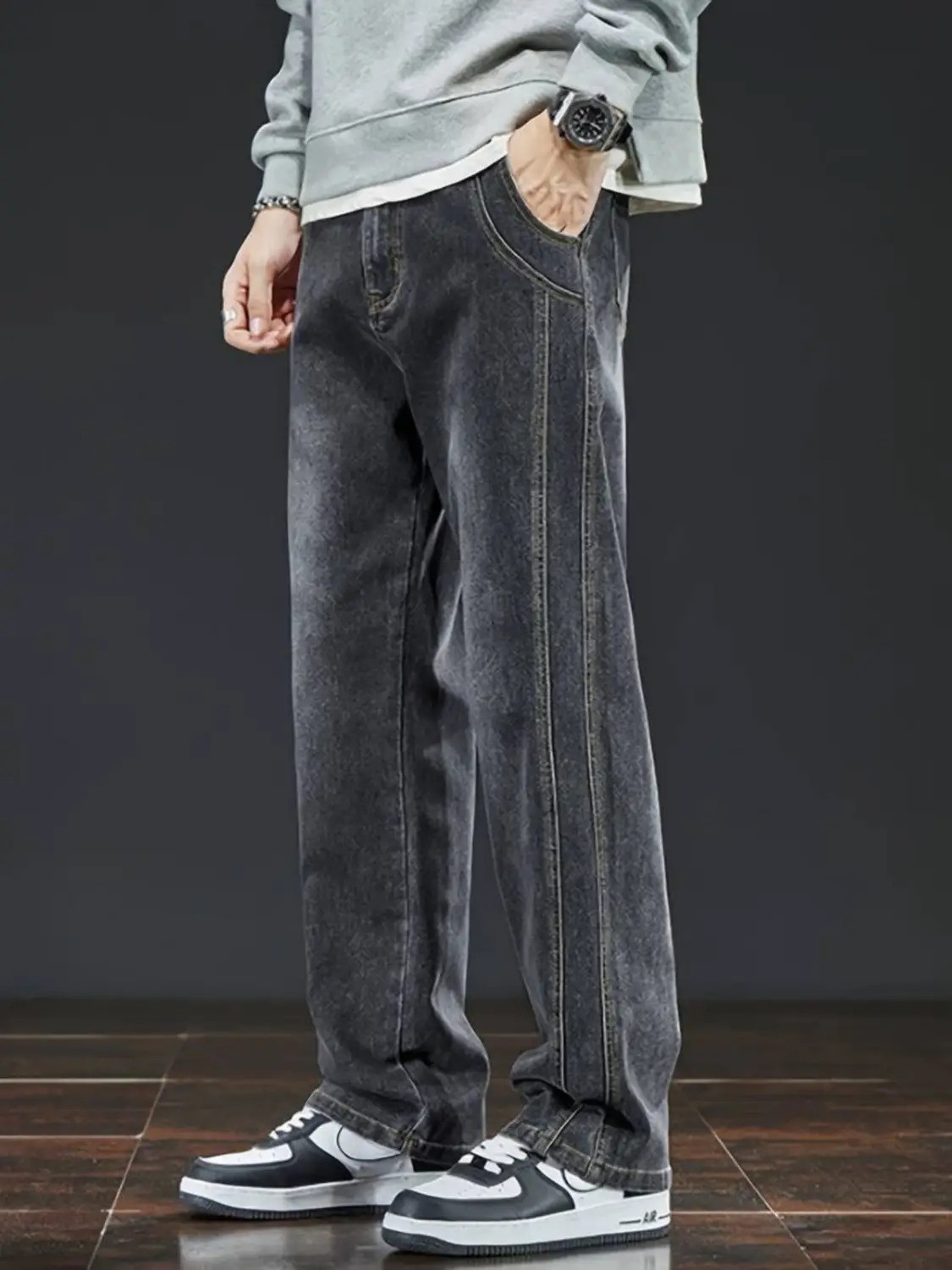 Image of FUDE PRIDE Men Baggy Fit Mid Rise Grey Jeans