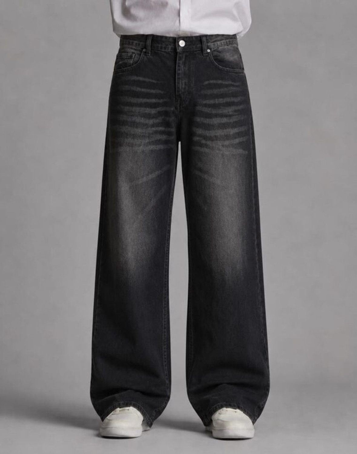 Veliume Men Wide Leg Mid Rise Dark Grey Jeans - Image 1