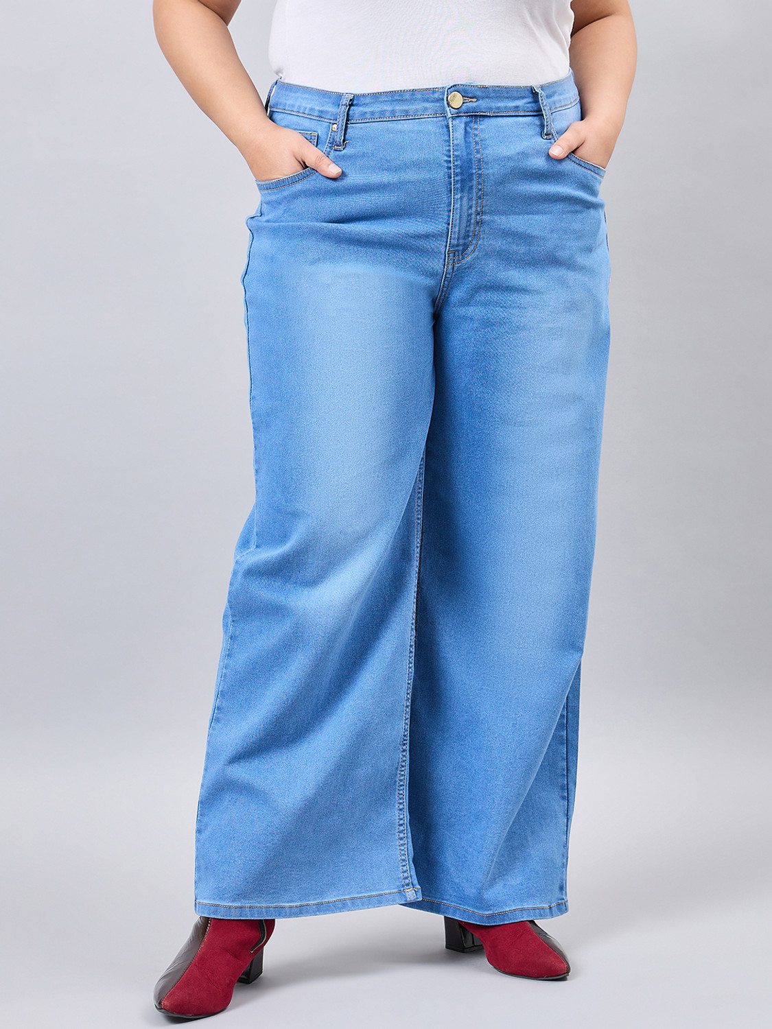 Image of Style Quotient Women Wide Leg Mid Rise Blue Jeans