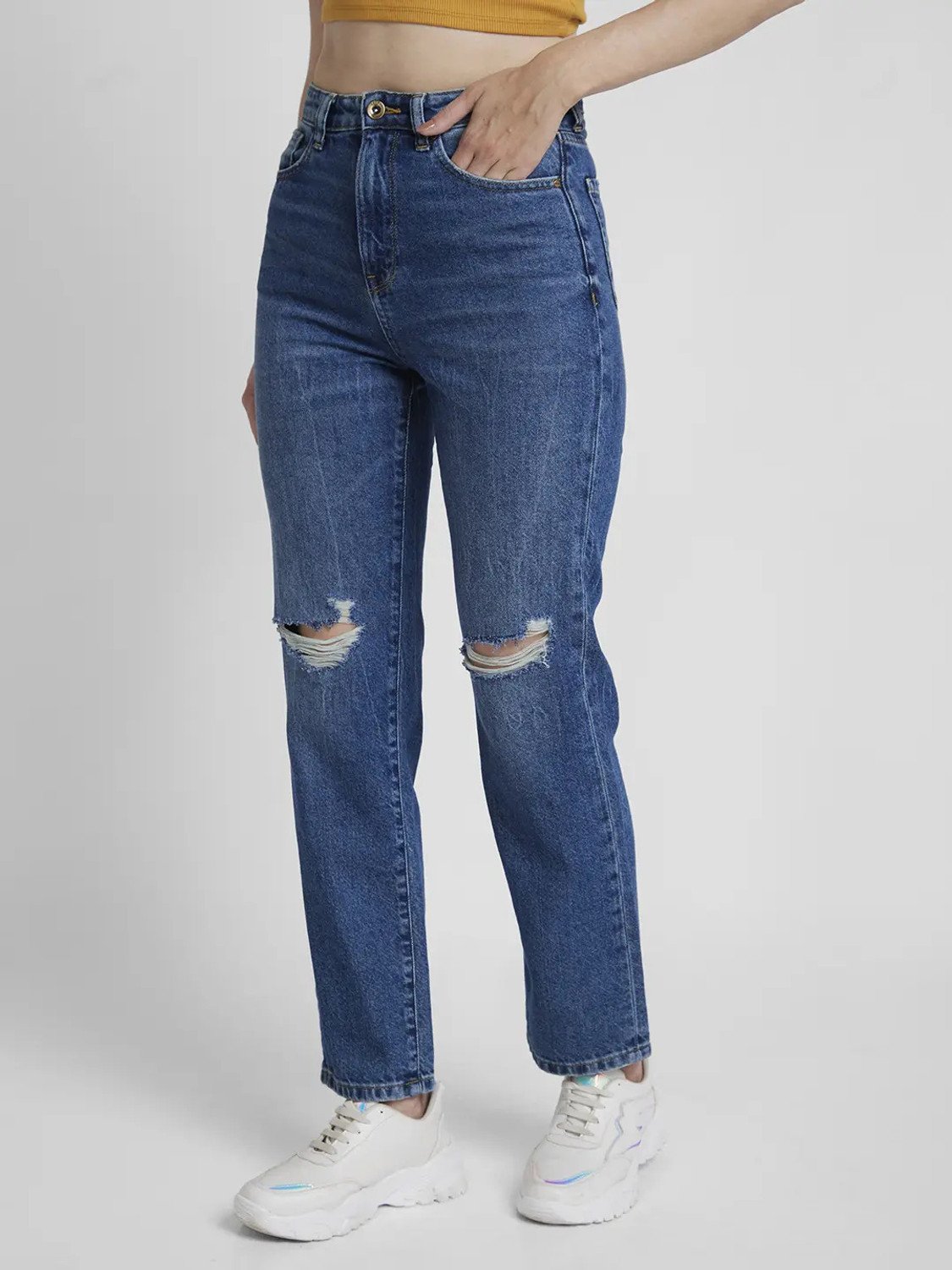 Image of Spykar Women Straight Fit High Rise Dark Blue Jeans