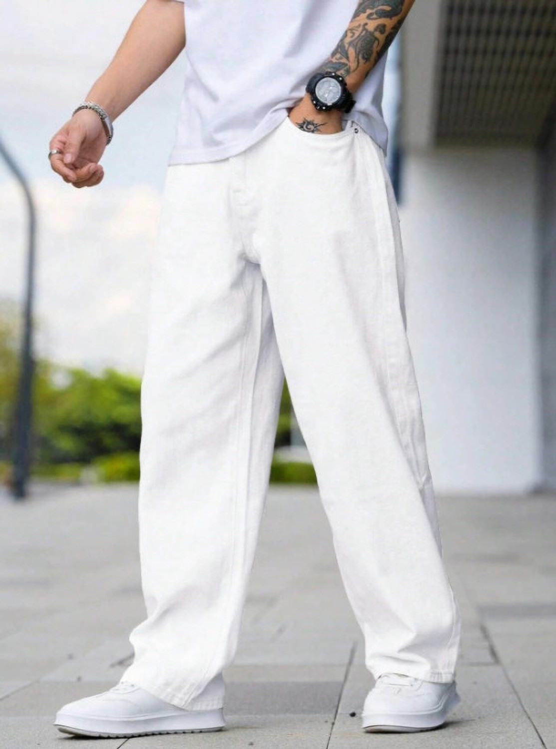 moda star Men Baggy Fit Mid Rise White Jeans - Image 1