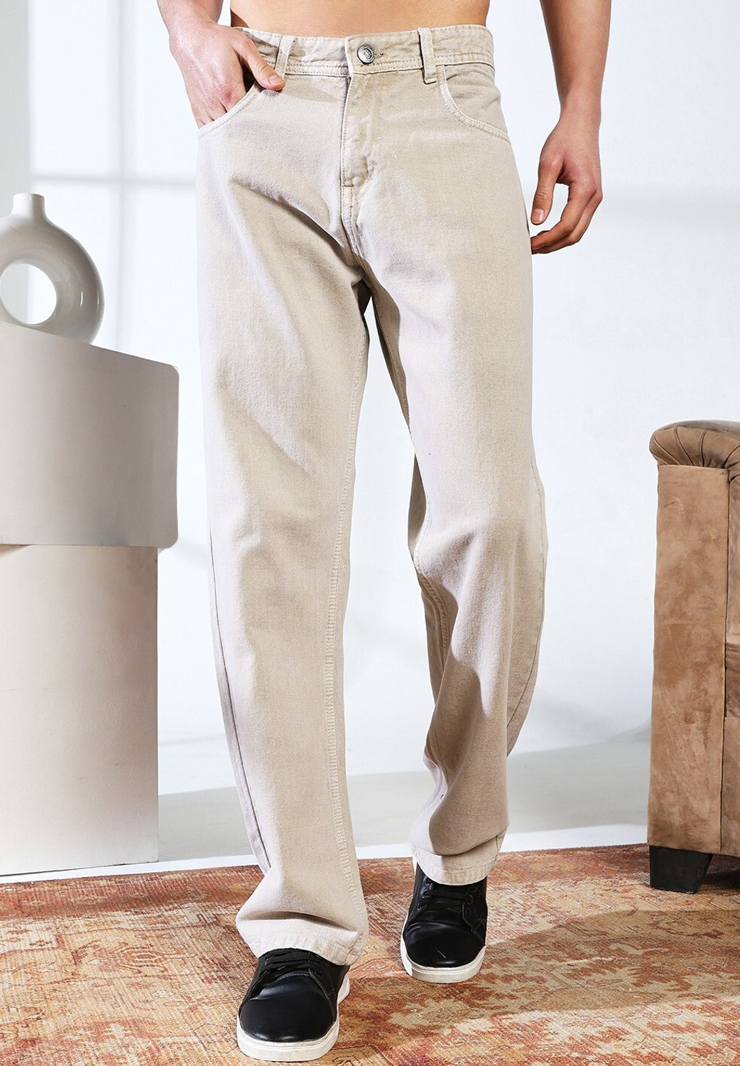 Image of DASHING FIT Men Loose Fit Mid Rise Beige Jeans