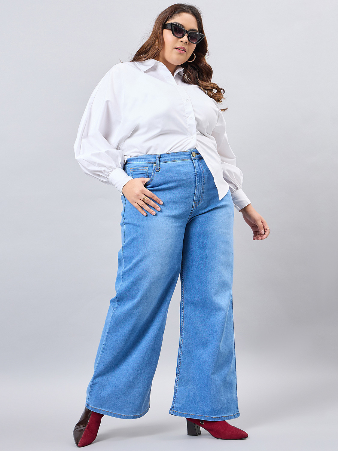 Image of Style Quotient Women Wide Leg Mid Rise Blue Jeans
