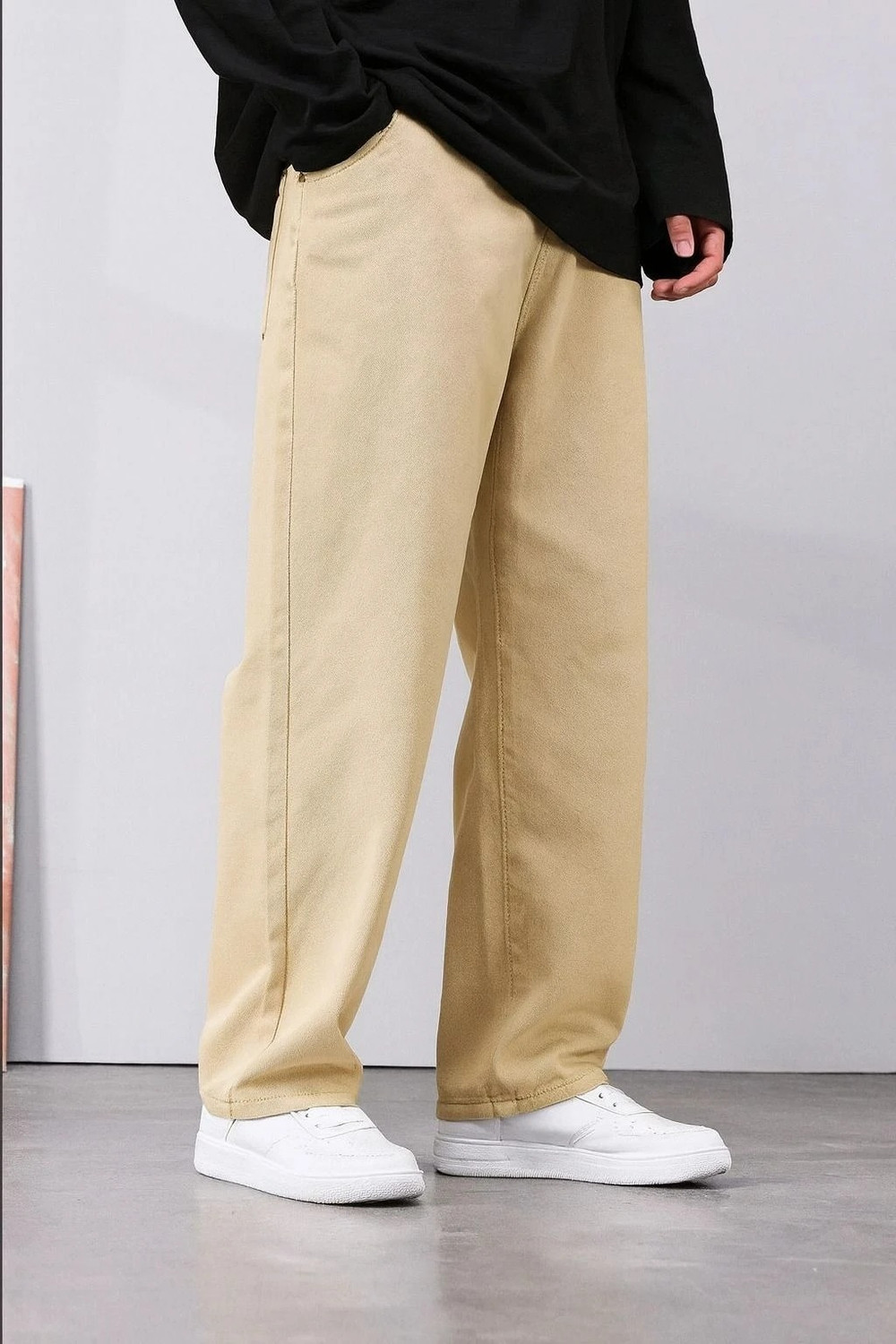 Image of Dkait Men Loose Fit Mid Rise Beige Jeans