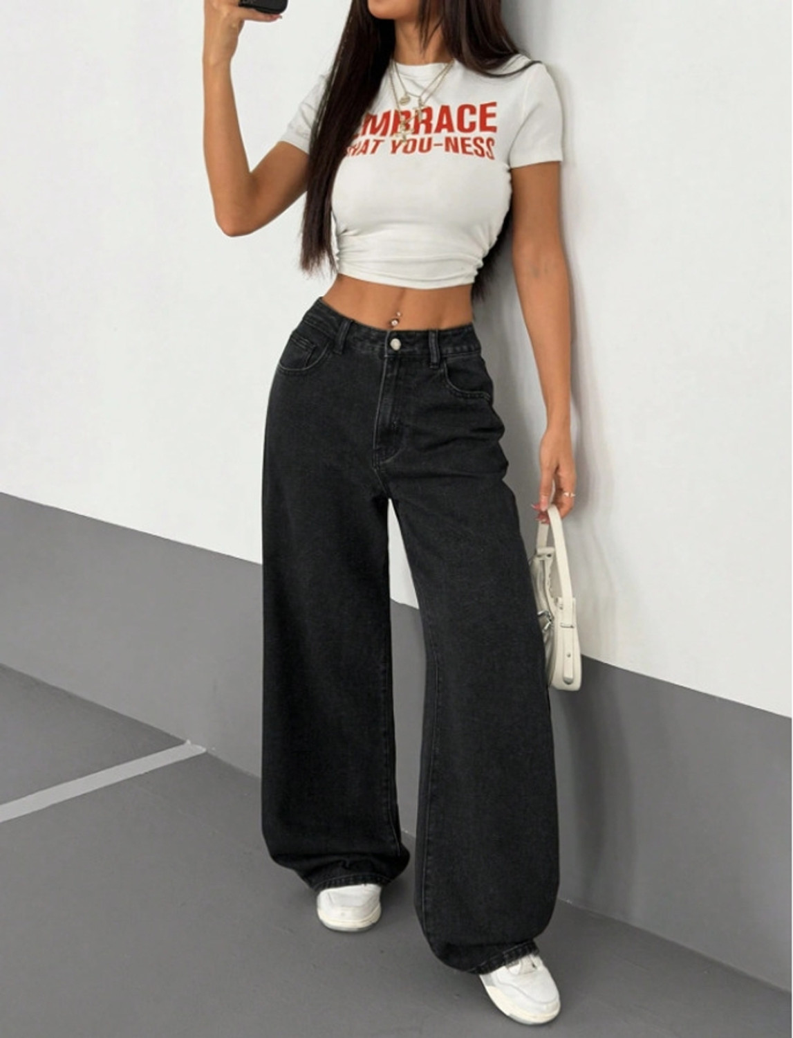 Image of KGN ENTERPRISES Women Wide Leg Mid Rise Black Jeans