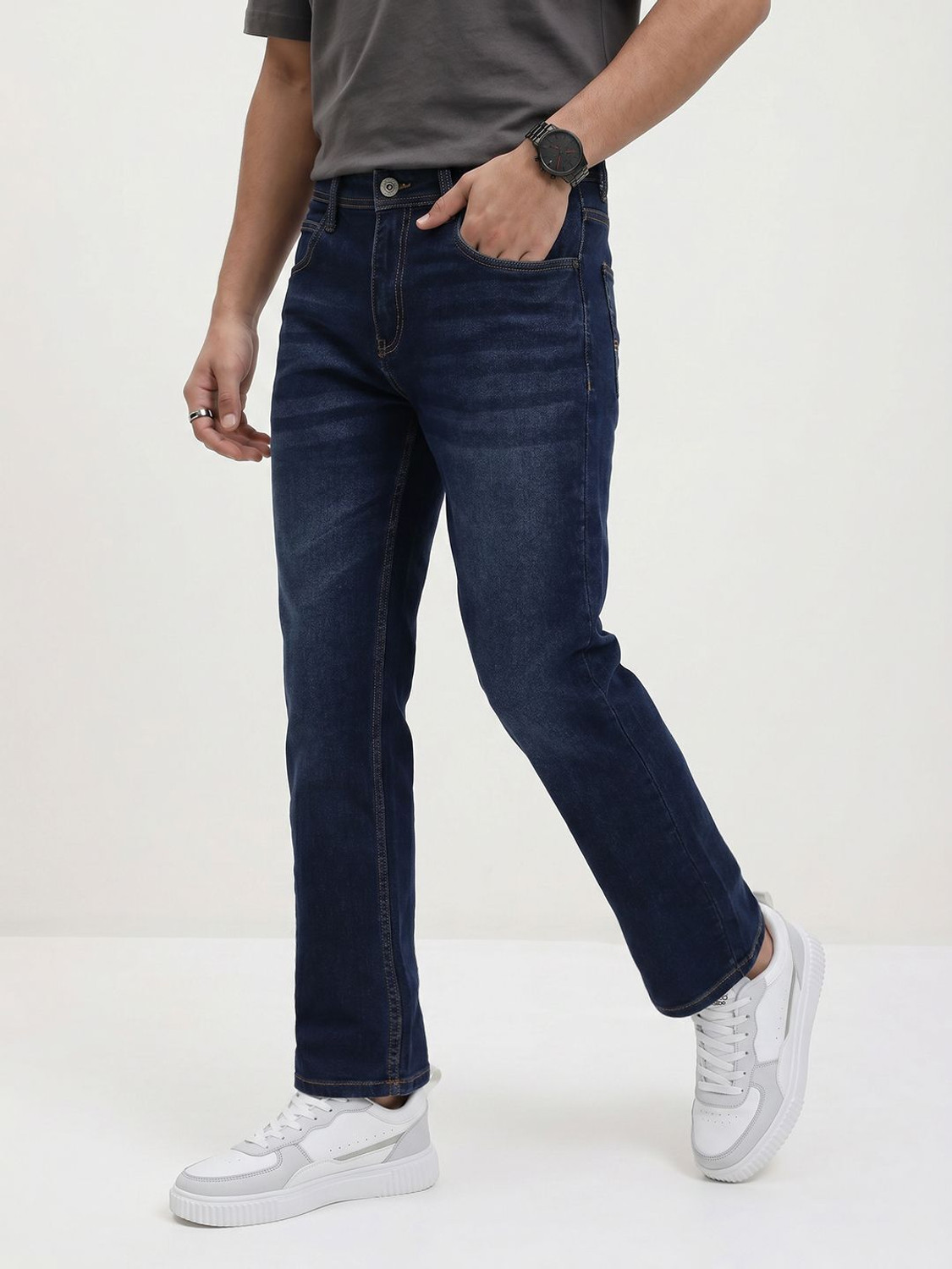 Image of Roadster Men Slim Mid Rise Dark Blue Jeans
