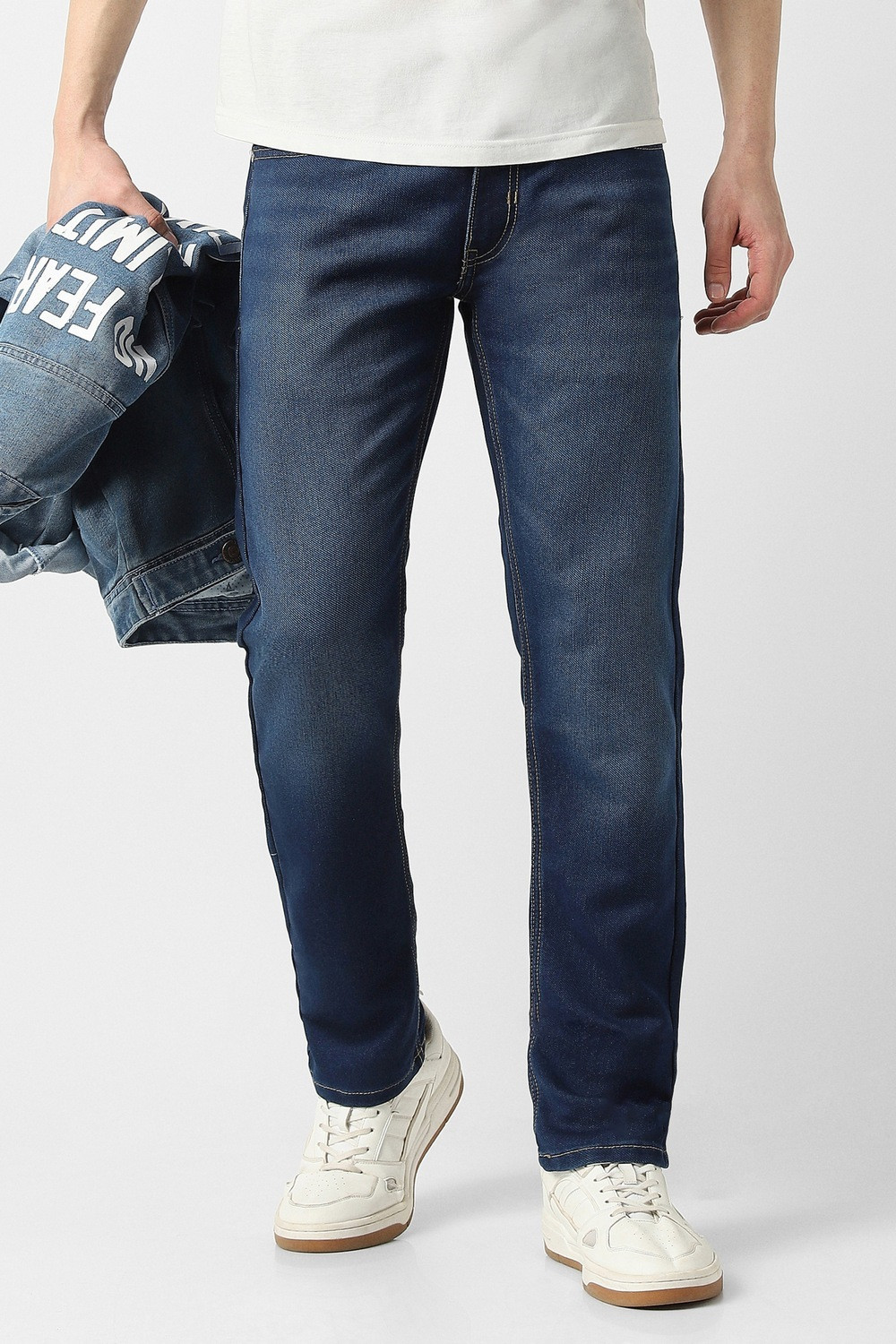 Image of NUMERO UNO Sustainable Denim Men Tapered Fit Low Rise Blue Jeans
