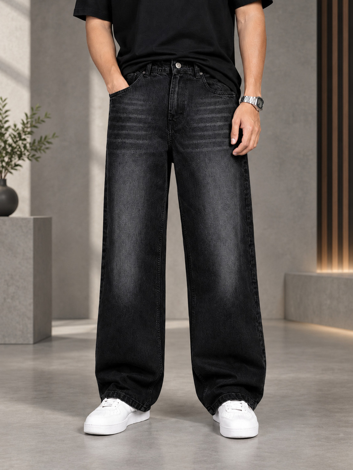 FREX Men Baggy Fit Mid Rise Black Jeans - Image 1