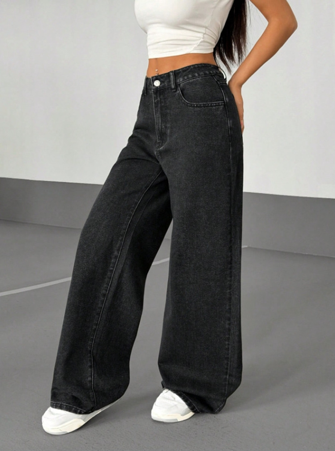 Image of KGN ENTERPRISES Women Wide Leg Mid Rise Black Jeans