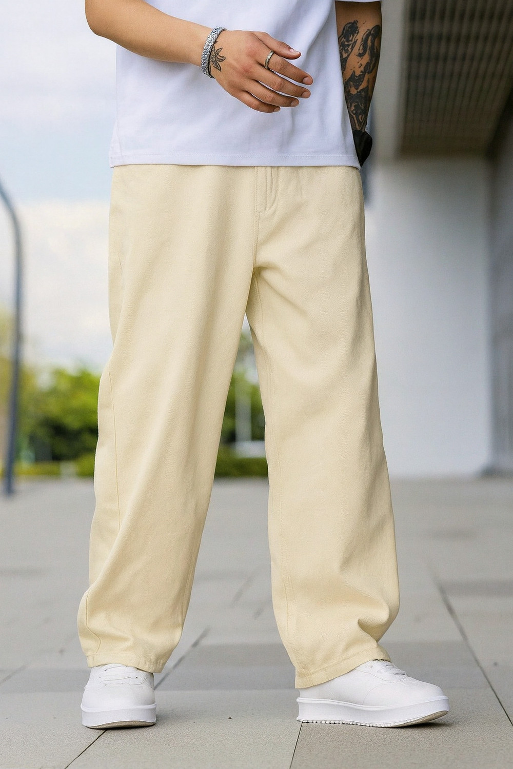 Image of Denim Hawk Men Loose Fit Mid Rise Beige Jeans