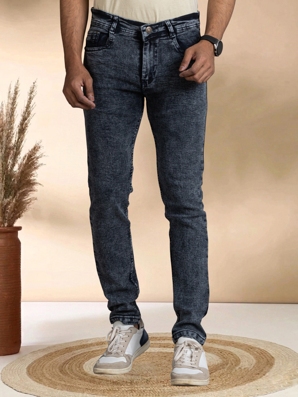 Image of stylophile Men Slim Mid Rise Grey Jeans