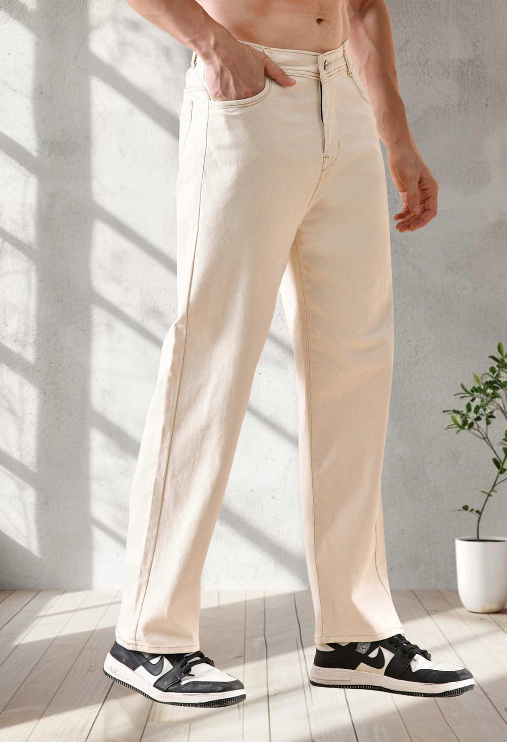 Fader Men Loose Fit Mid Rise Beige Jeans - Image 1