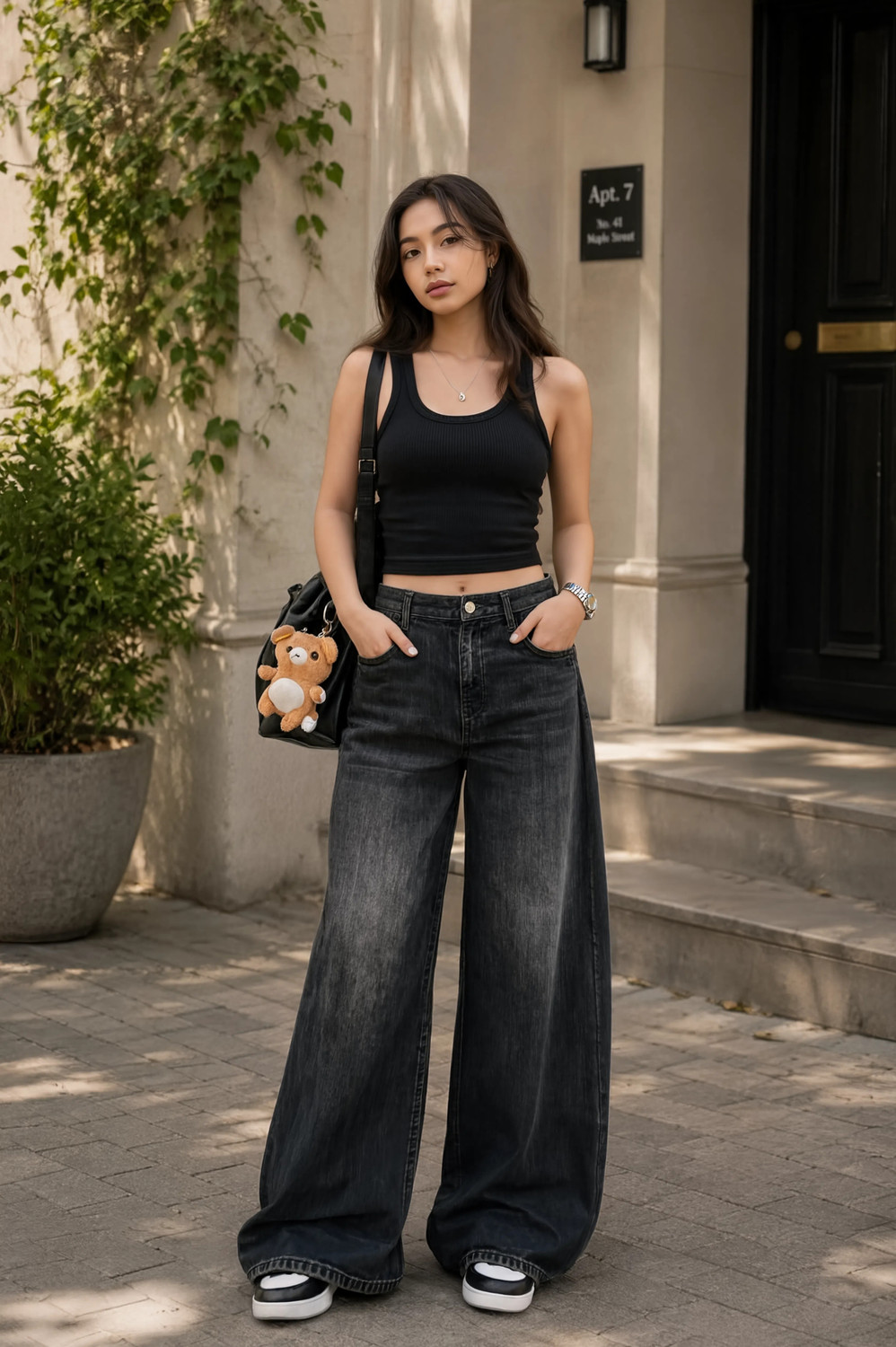 TRENDZbyKP Women Wide Leg Mid Rise Black Jeans - Image 1