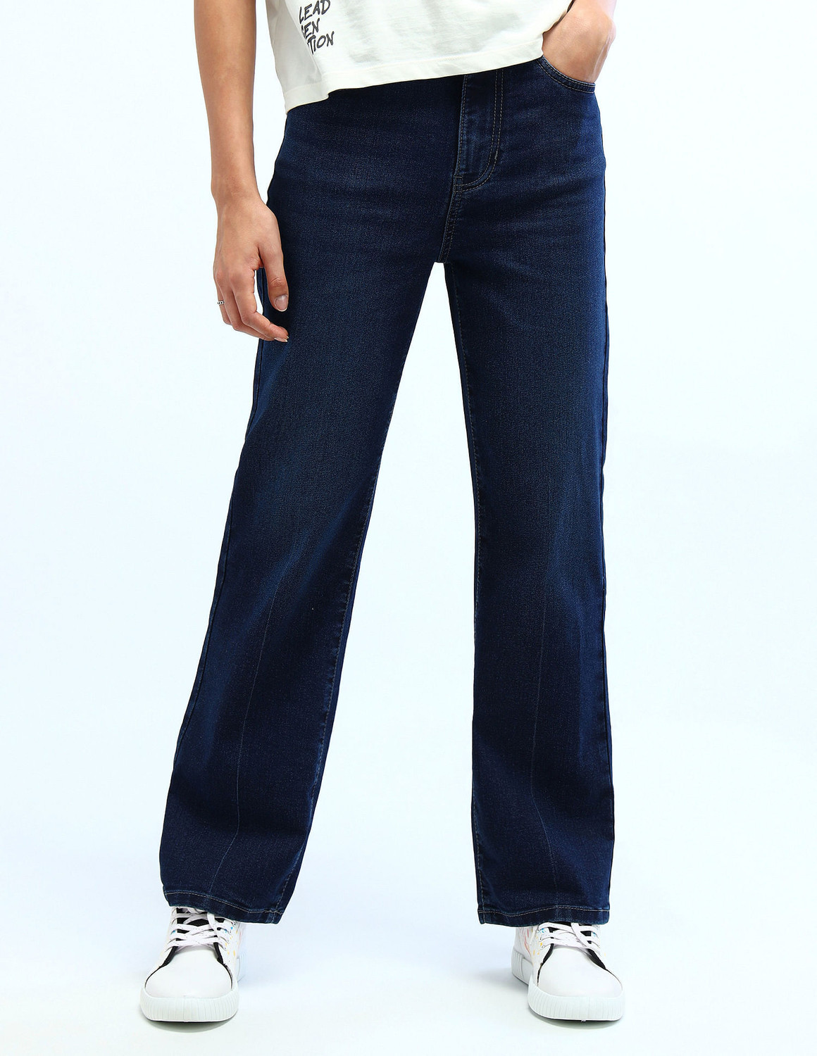 Image of FLYING MACHINE Women Straight Fit High Rise Blue Jeans