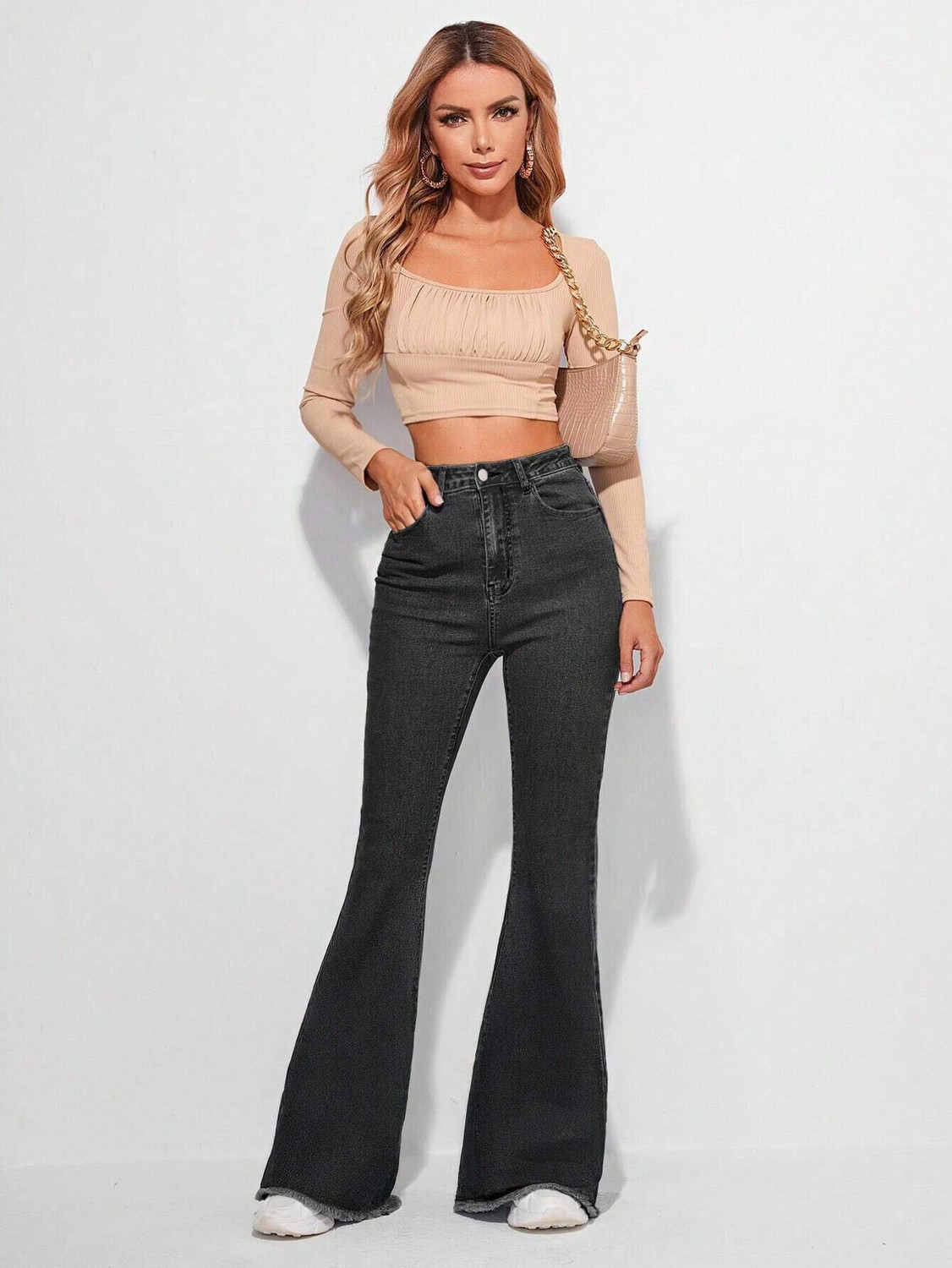 Image of BOTUMQUTE Women Boot-Leg High Rise Black Jeans