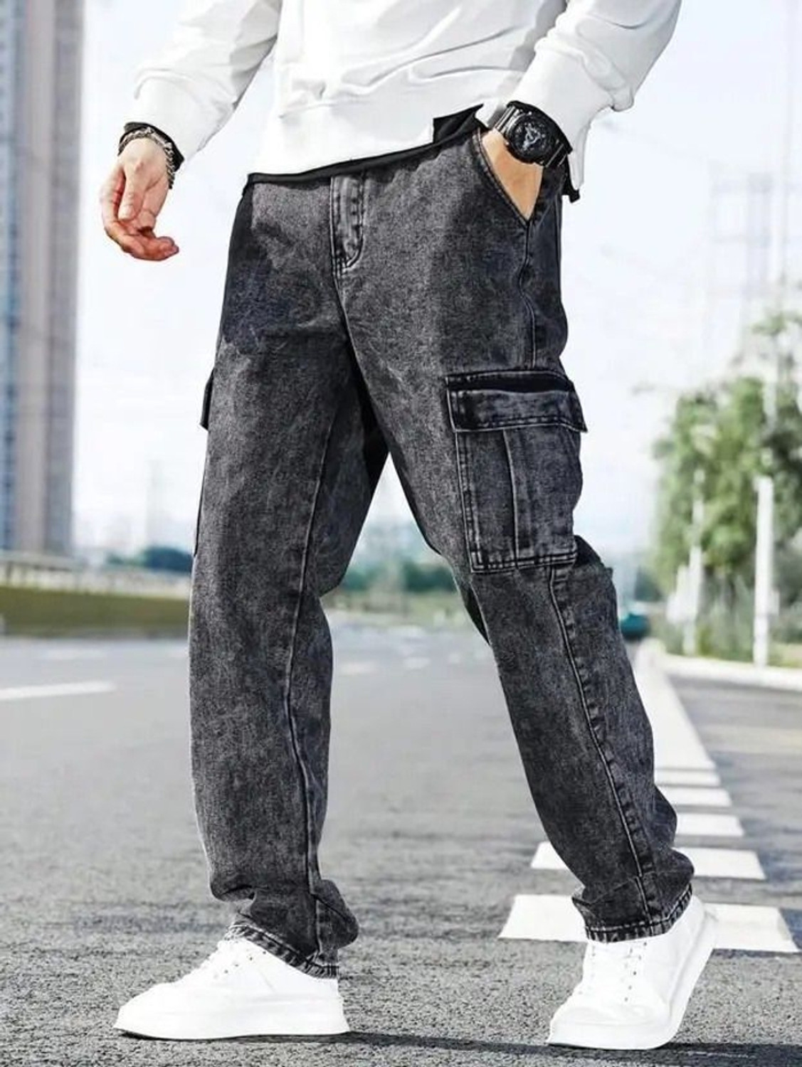 Playfeel Loose Fit Men Dark Grey Jeans - Image 1
