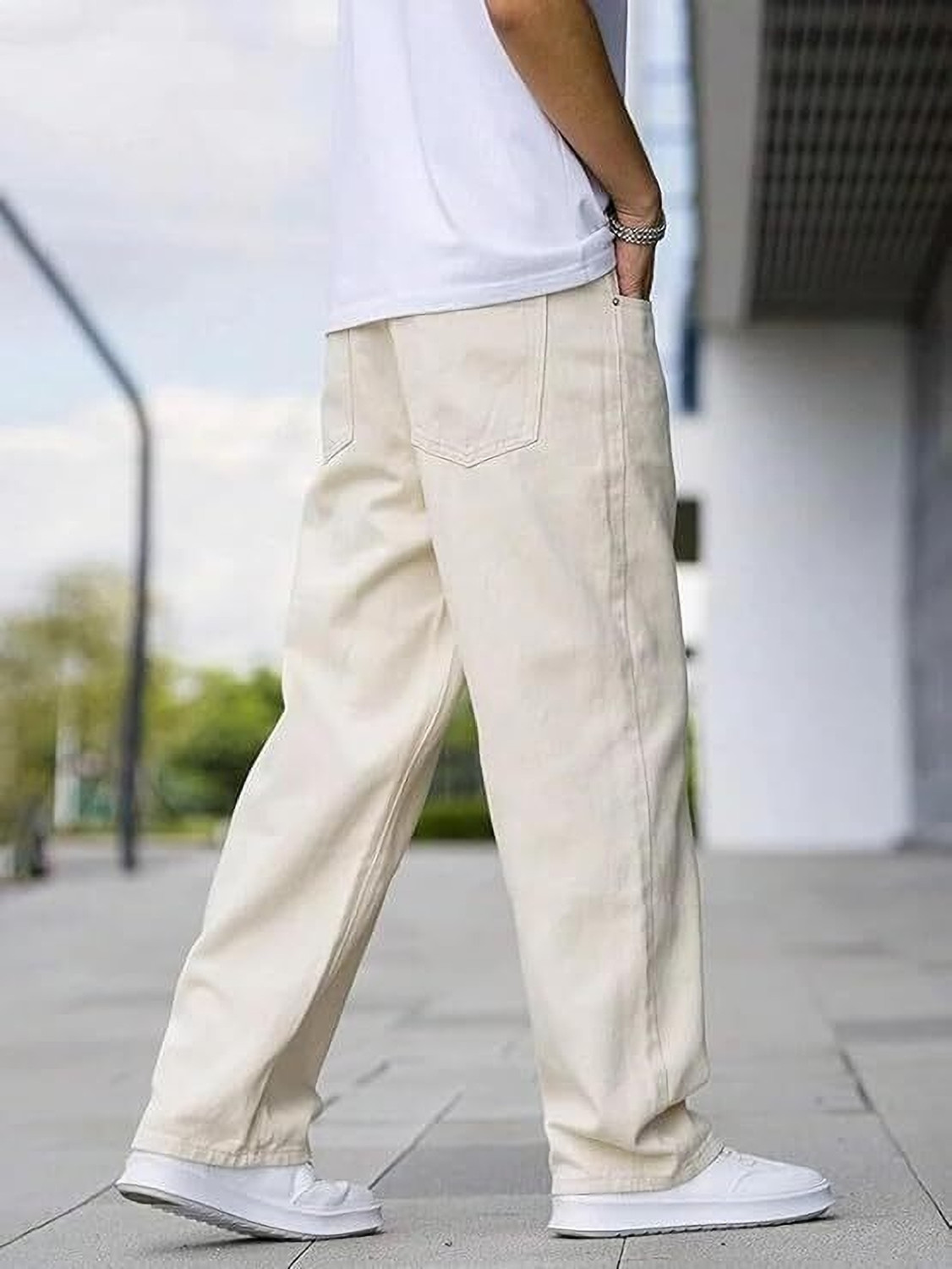 Image of Star4well Men Loose Fit Mid Rise White Jeans