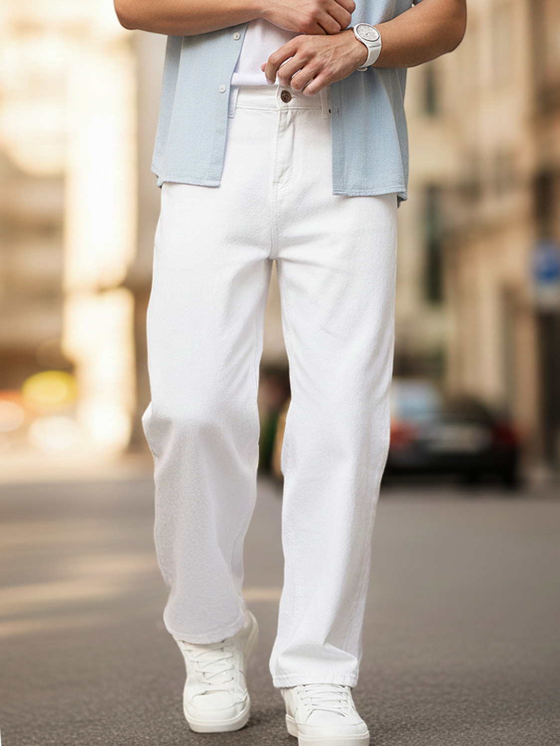 Image of Star4well Men Loose Fit Mid Rise White Jeans