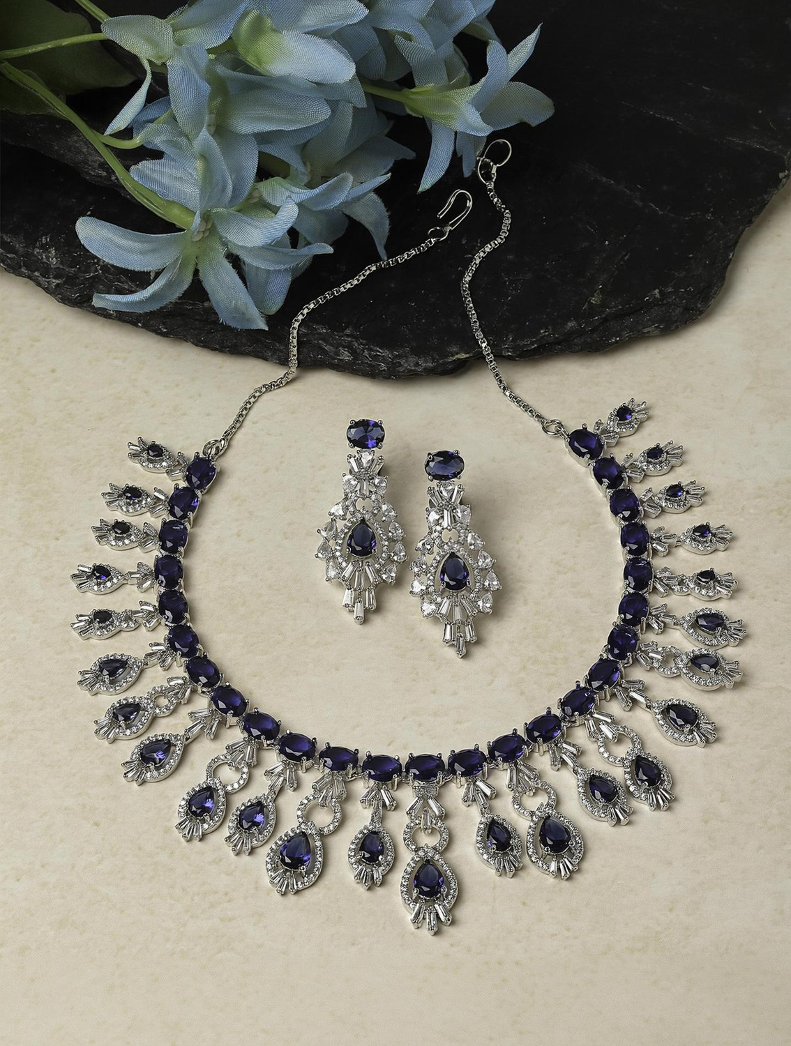 ZENEME Brass Rhodium Blue Jewel Set (Pack of 3) - Image 1