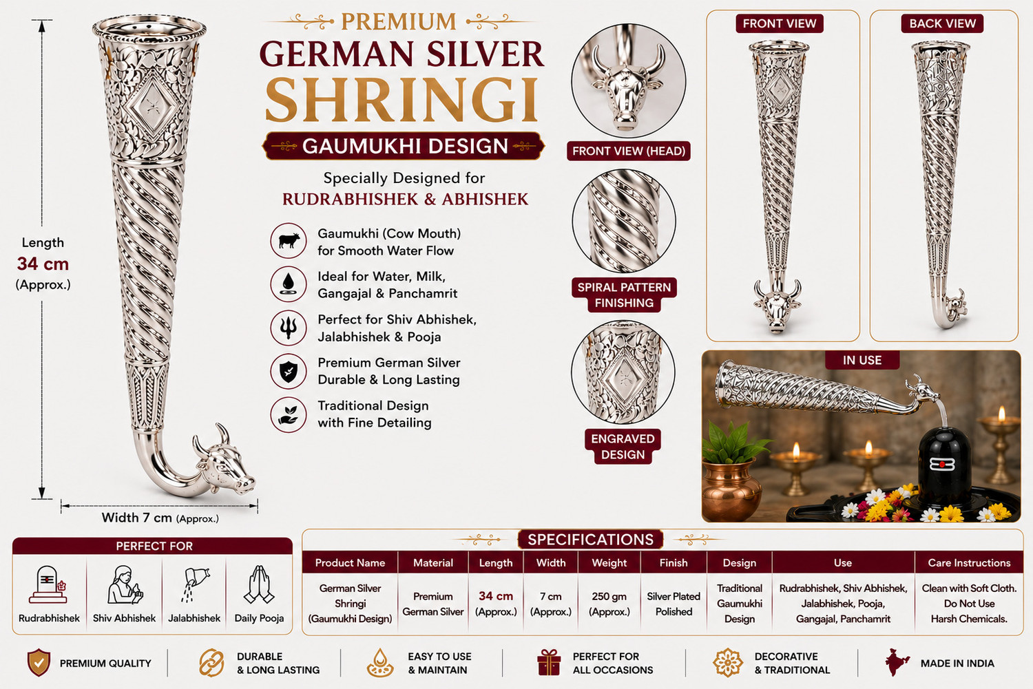DharmaGanga German Silver Shringi 34 cm Kalash - Image 1