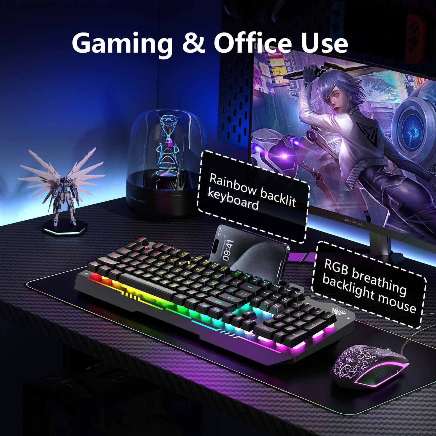 Image of Aula T102 Membrane Gaming Keyboard and Mouse Combo | Wired USB Standard Gaming Keyboard Compatible with Desktop, Laptop, Mac (Black Panel | Black Keycaps)