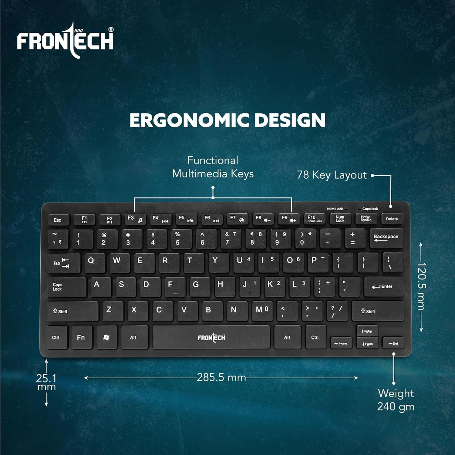 Image of Frontech KB-0041 Wired USB Laptop-size Laptop Keyboard Compatible with Desktop, Laptop, Mac (Black)