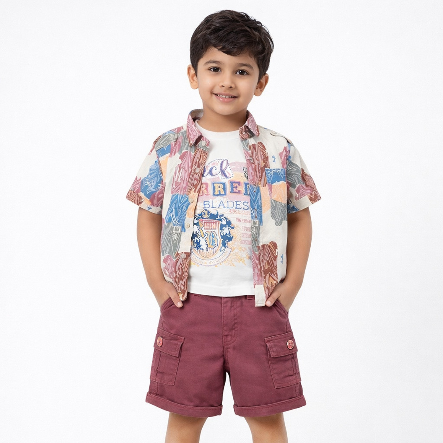 Image of Choo Choo Boys Casual Shirt Shorts (Off White, White, Peach)