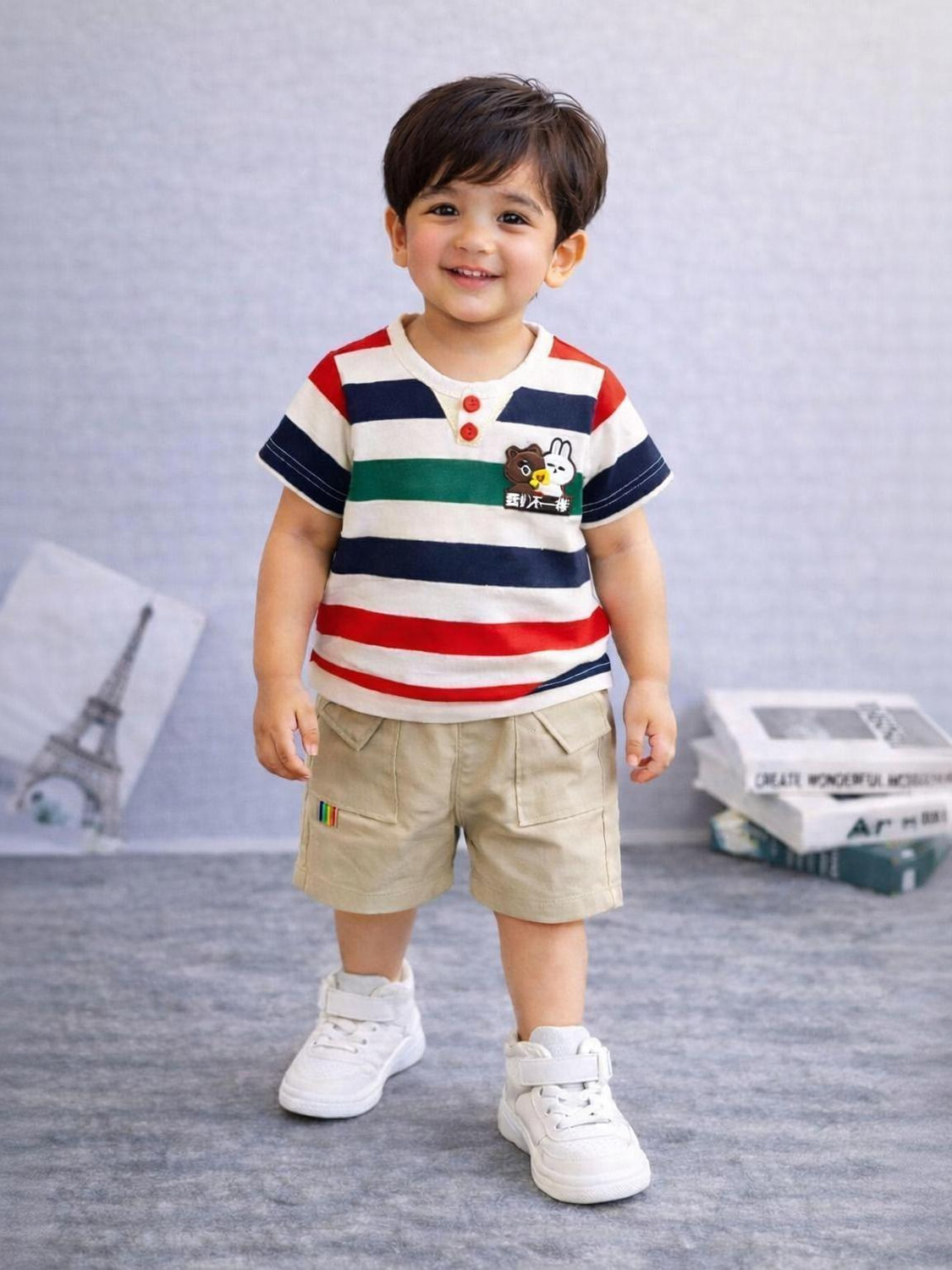 Image of Choo Choo Boys Casual Shirt Shorts (Off White, White, Peach)