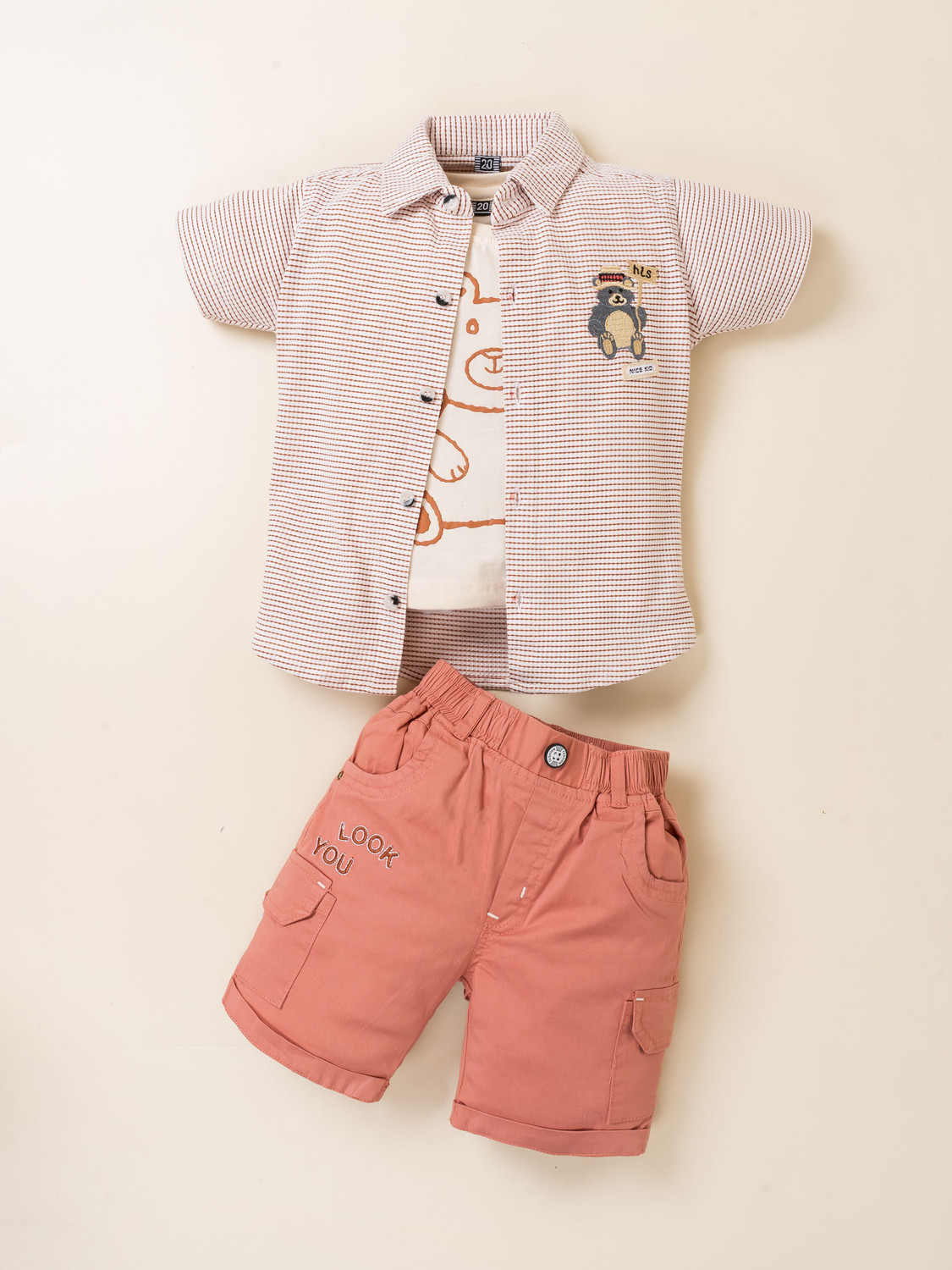 Image of Choo Choo Boys Casual Shirt Shorts (Off White, White, Peach)
