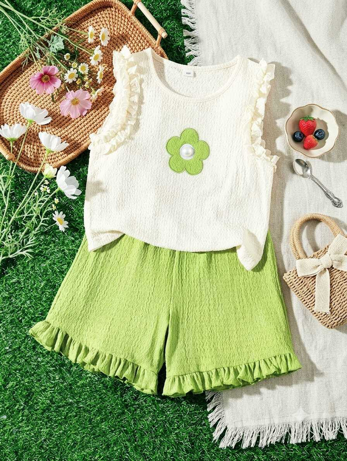 Image of fasla Girls Casual T-shirt Shorts (Peach & Green)