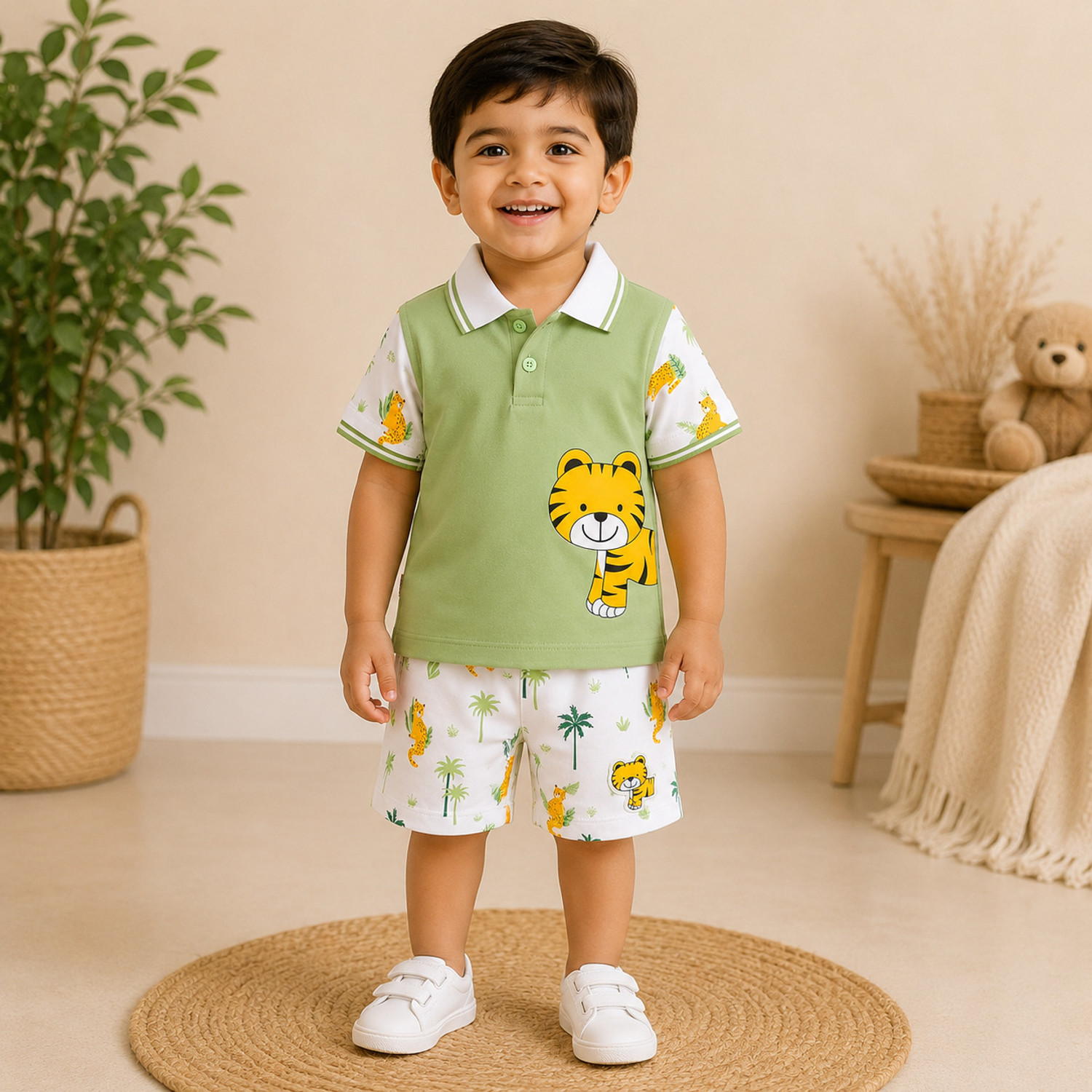 Image of Choo Choo Boys Casual Shirt Shorts (Off White, White, Peach)