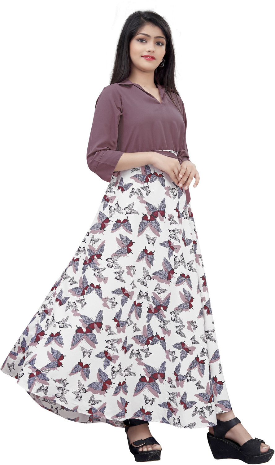 Image of Meraki Fab Girls Maxi /Full Length Casual Dress (Purple, 3 /4 Sleeve)