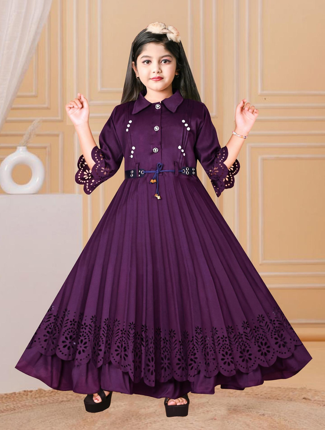 Image of Meraki Fab Girls Maxi /Full Length Casual Dress (Purple, 3 /4 Sleeve)