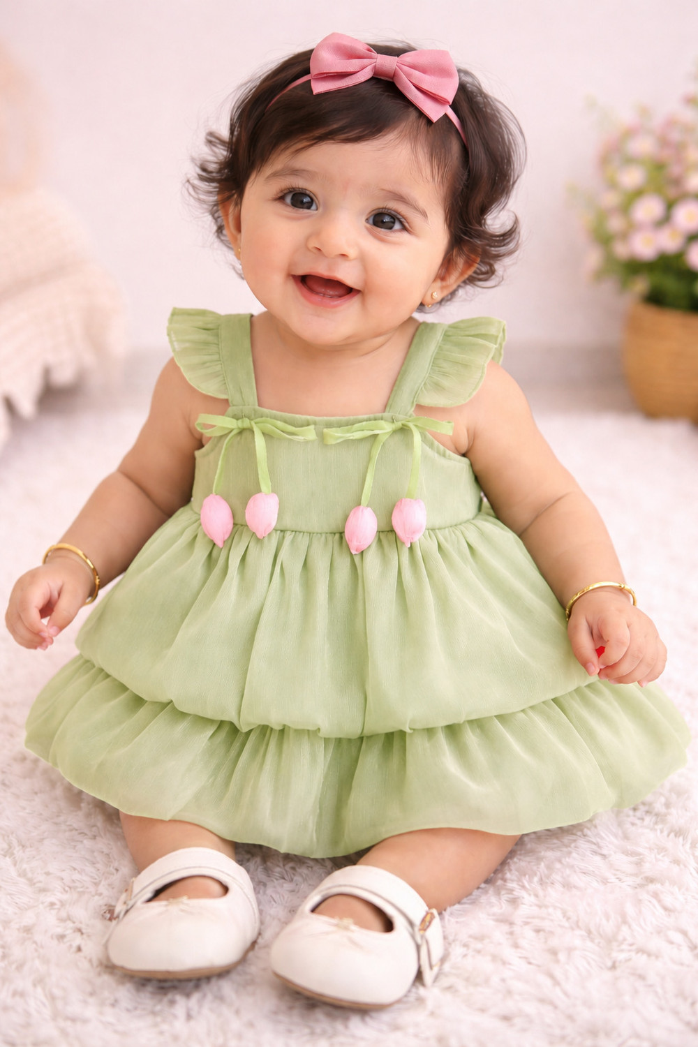 Image of A Kasis Dresses Girls Below Knee Festive /Wedding Dress (White, Green, Short Sleeve)