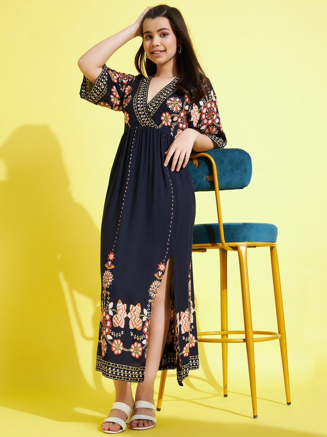 Image of STYLESTONE Girls Maxi /Full Length Casual Dress (Dark Blue, Half Sleeve)