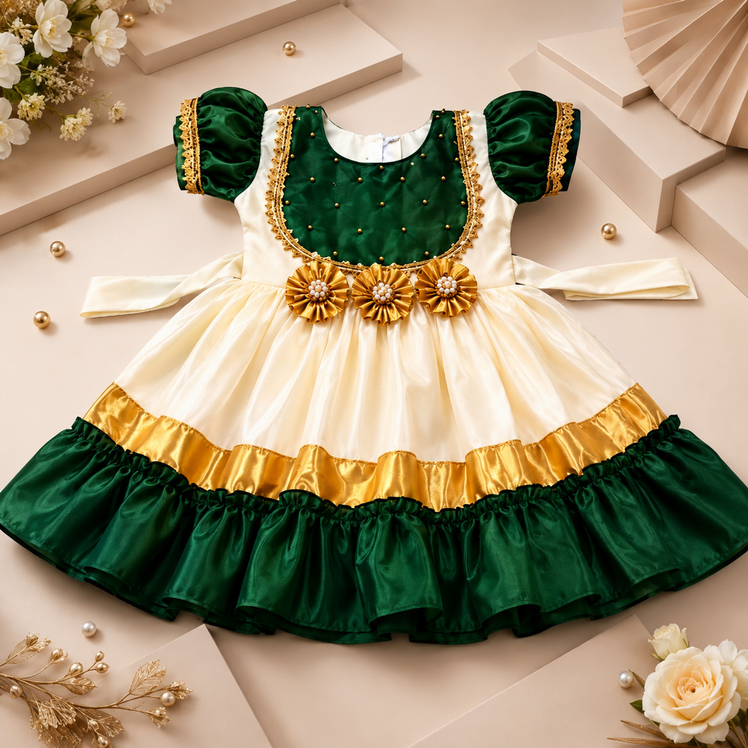 Image of A Kasis Dresses Girls Below Knee Festive /Wedding Dress (White, Green, Short Sleeve)