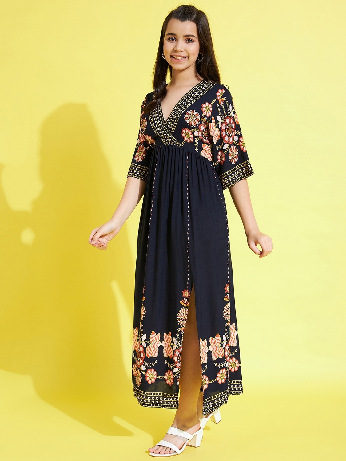 Image of STYLESTONE Girls Maxi /Full Length Casual Dress (Dark Blue, Half Sleeve)