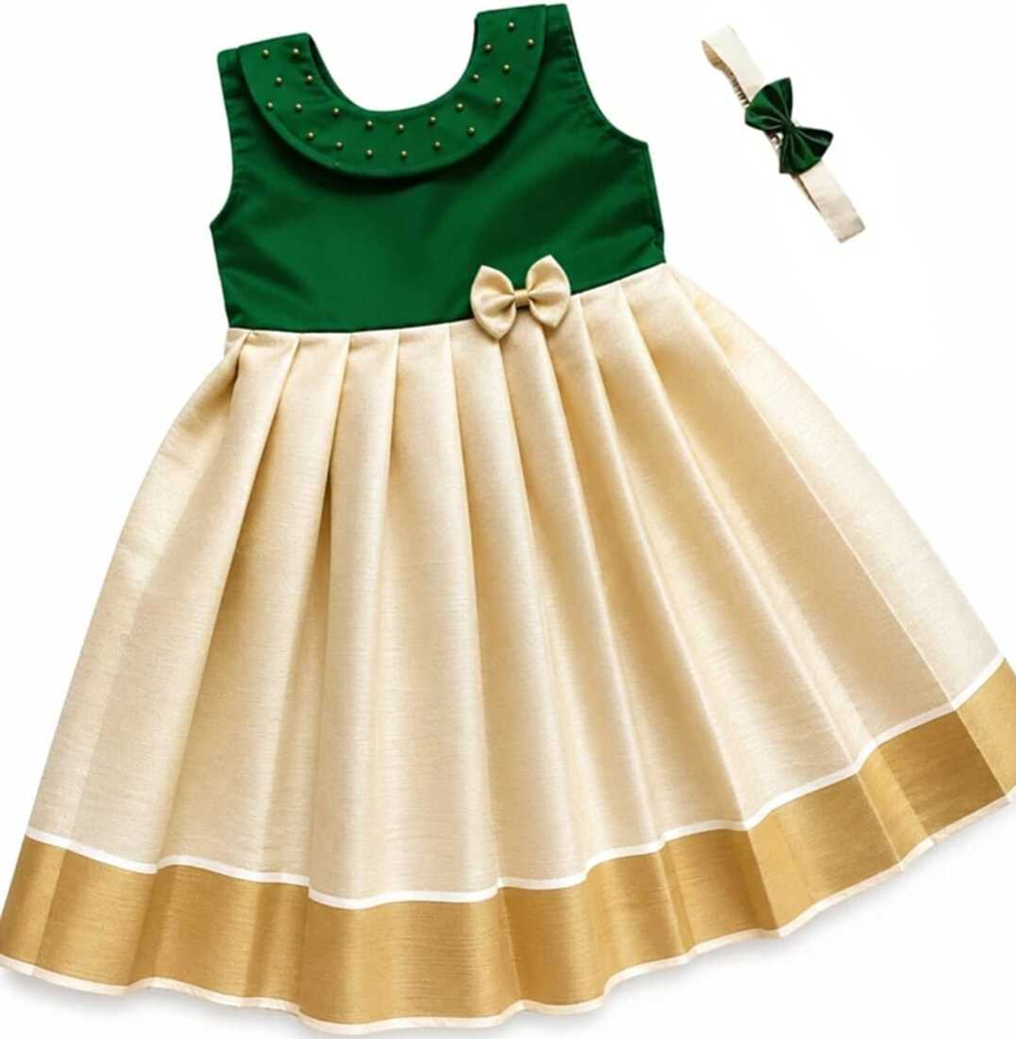 Image of A Kasis Dresses Girls Below Knee Festive /Wedding Dress (White, Green, Short Sleeve)