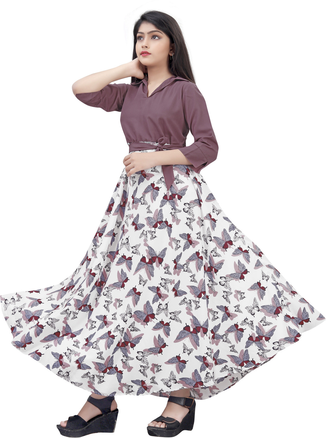 Image of Meraki Fab Girls Maxi /Full Length Casual Dress (Purple, 3 /4 Sleeve)