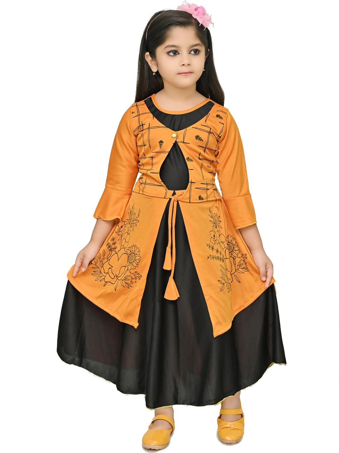 Image of A Kasis Dresses Girls Below Knee Festive /Wedding Dress (White, Green, Short Sleeve)