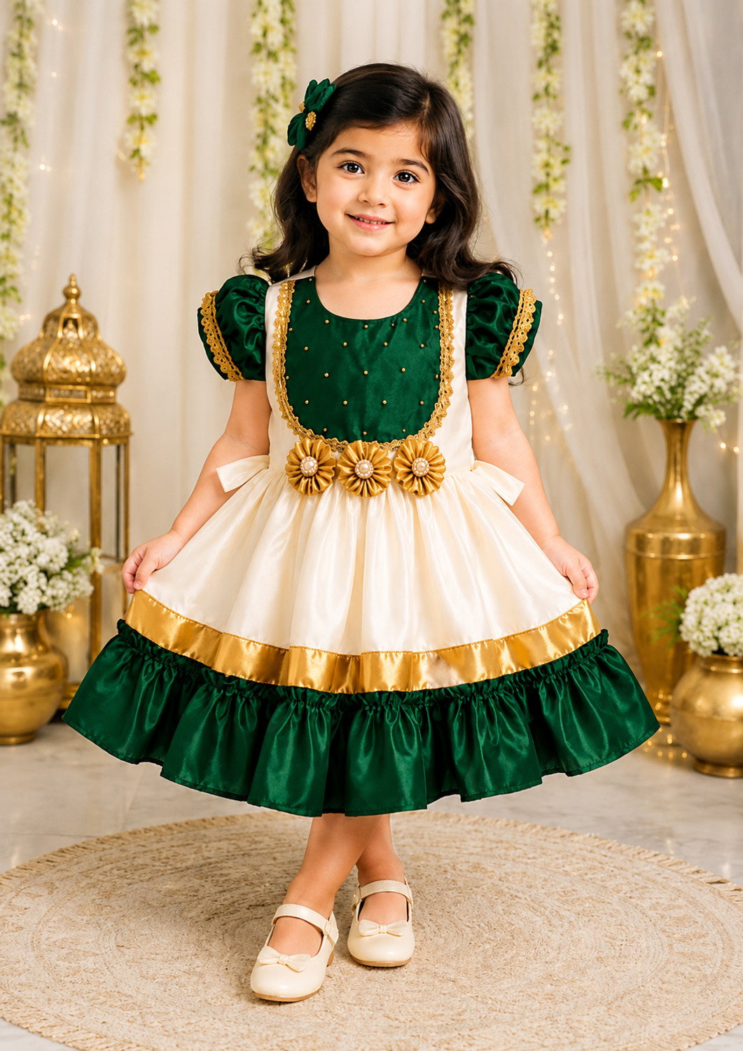 Image of A Kasis Dresses Girls Below Knee Festive /Wedding Dress (White, Green, Short Sleeve)