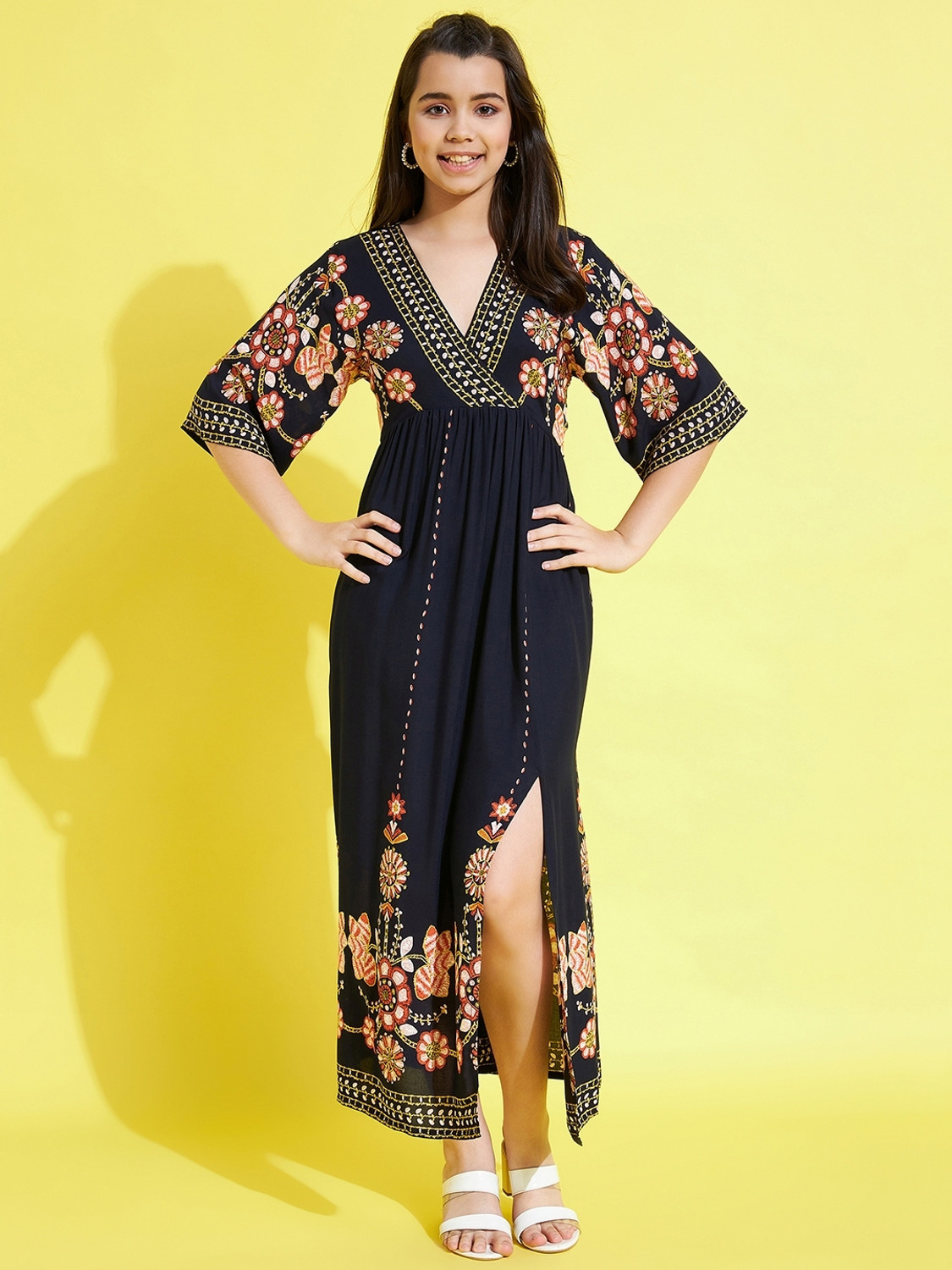 Image of STYLESTONE Girls Maxi /Full Length Casual Dress (Dark Blue, Half Sleeve)