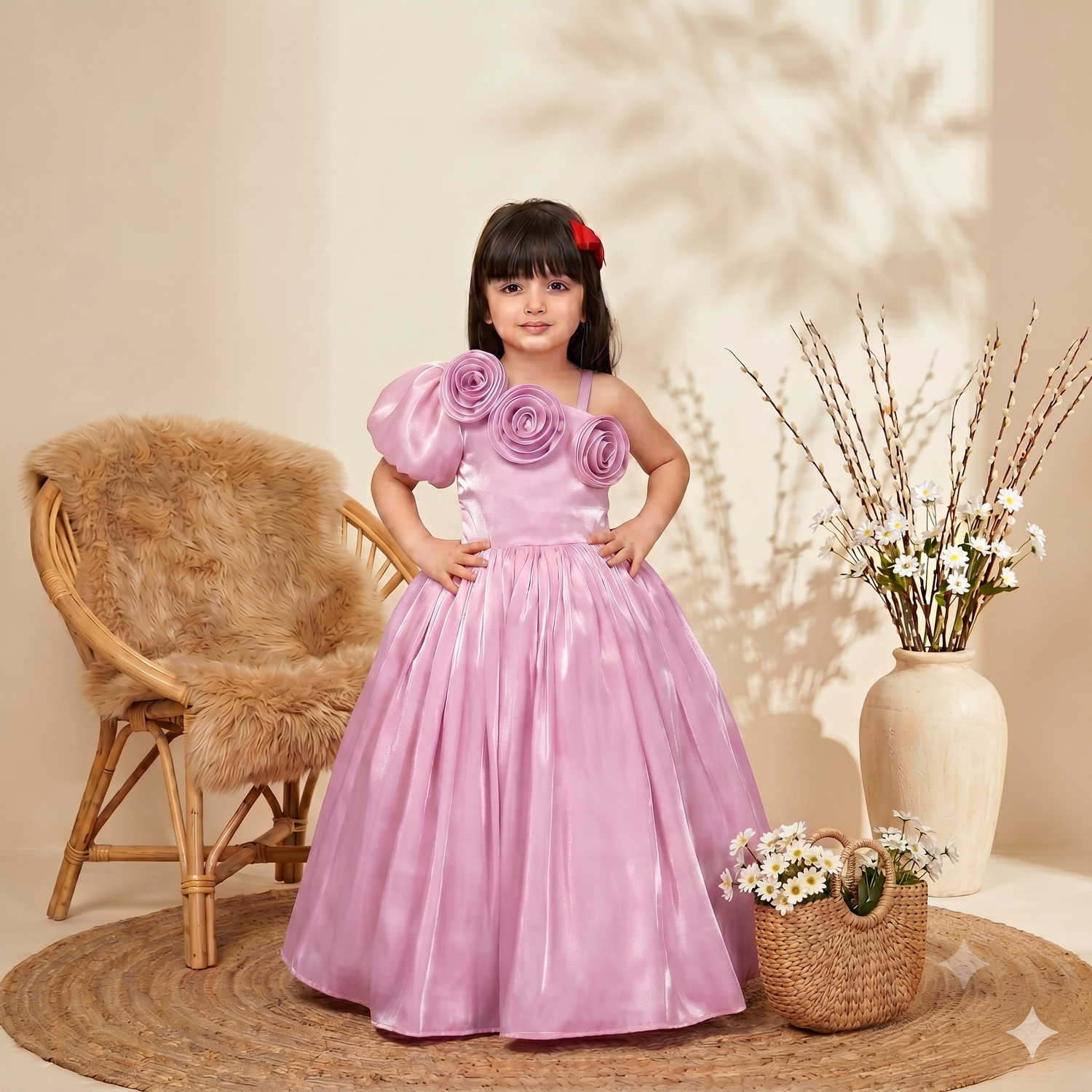 Image of A Kasis Dresses Girls Below Knee Festive /Wedding Dress (White, Green, Short Sleeve)