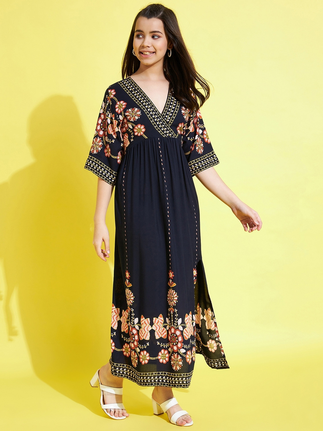 Image of STYLESTONE Girls Maxi /Full Length Casual Dress (Dark Blue, Half Sleeve)